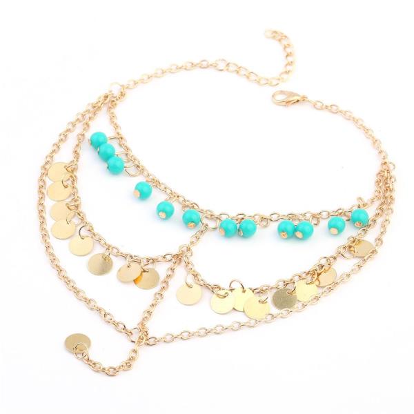 Blue Beads Gold Circle Tassel Anklet