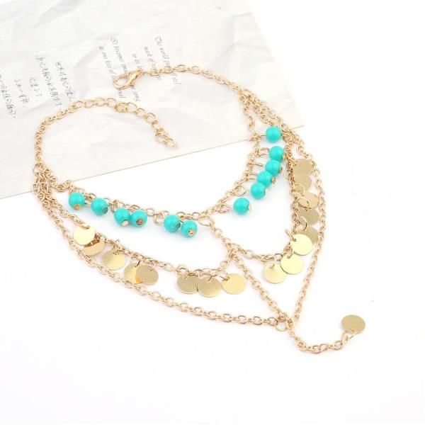 Blue Beads Gold Circle Tassel Anklet