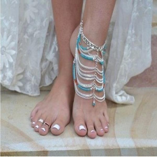 Bohemian Multi Layer Blue Beads Tassel Anklet