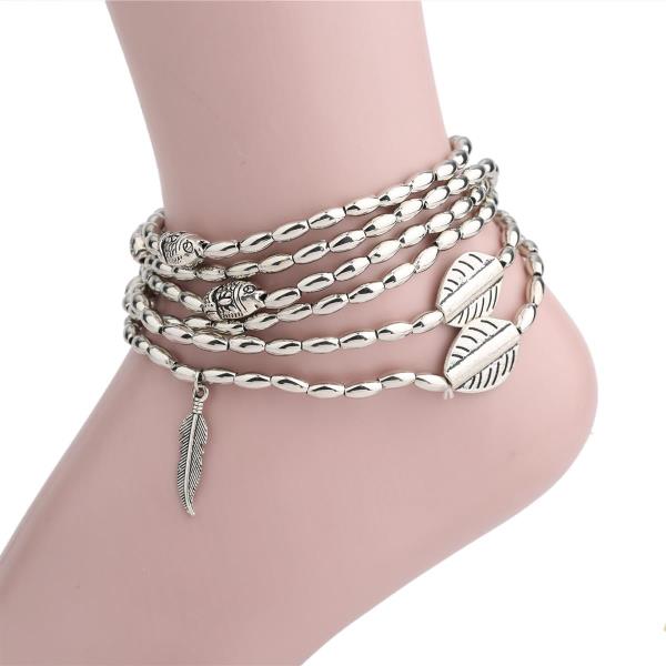 Bohemian Silver Multi Layer Feather Anklet