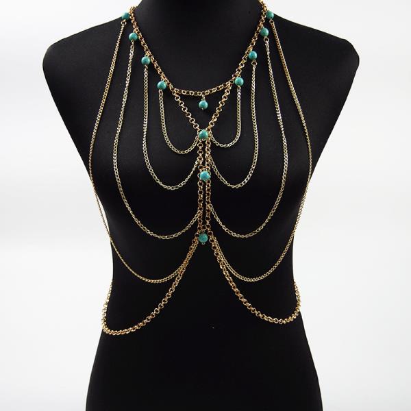 Blue Turquoise Gold Tassel Chest Body Chain