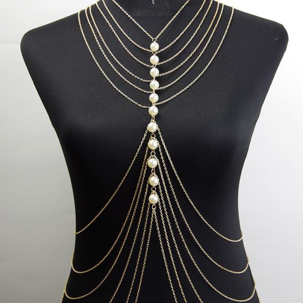 White Pearl Tassel Chest Body Chain