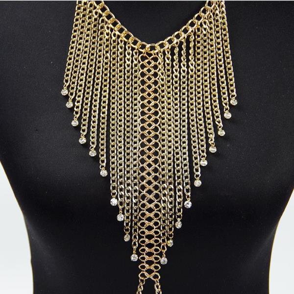 Gold Multi Tassel Crystal Drop Chest Chain