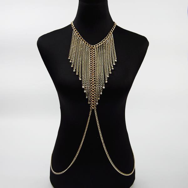 Gold Multi Tassel Crystal Drop Chest Chain