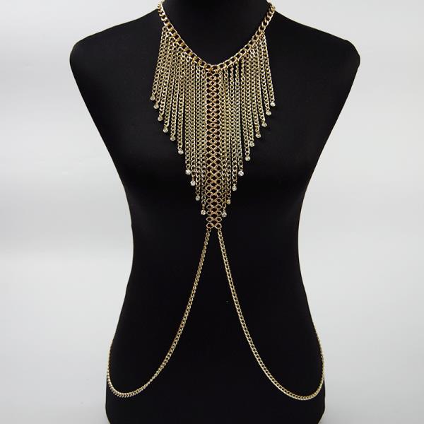 Gold Multi Tassel Crystal Drop Chest Chain