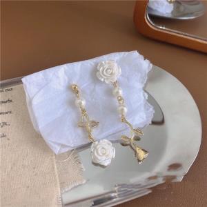 Lace Chiffon Bow Pearl Dangle Earrings