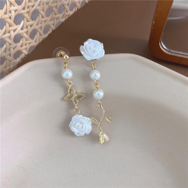 Rose Flower Pearl Dangle Earrings