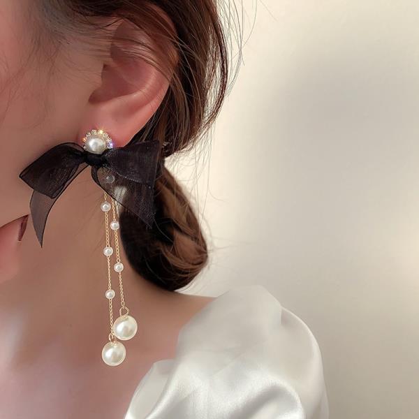 Fairy Lace Bow Pearl Long Dangle Earrings