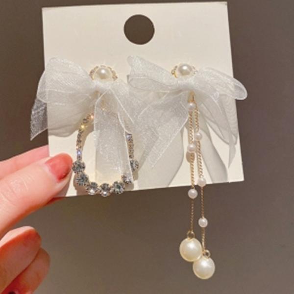 Fairy Lace Bow Pearl Long Dangle Earrings