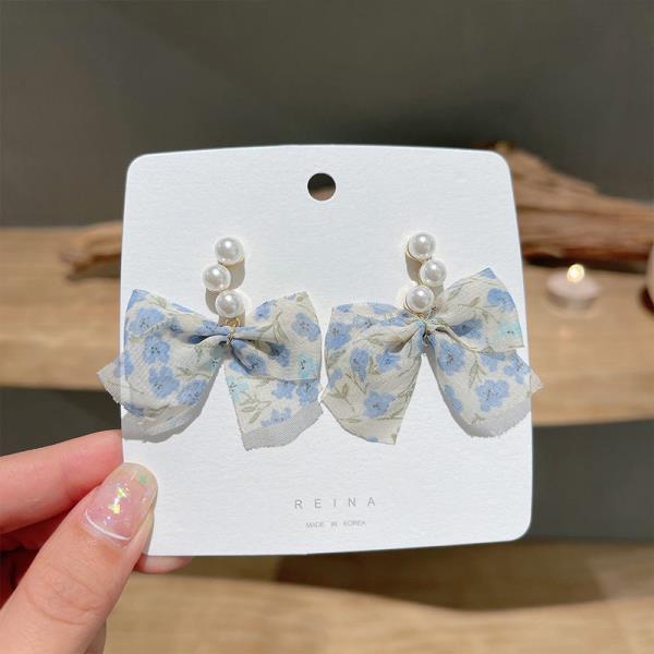 Blue Flowers Chiffon Bow With Pearl Tassel Earrings