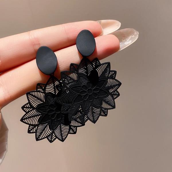 Black Hollow Flower Long Drop Earrings