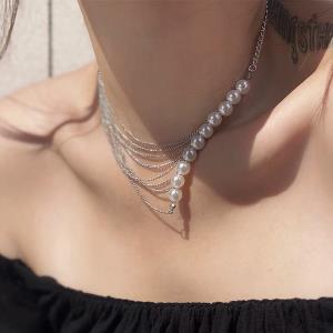 Open Collar White Imitation Pearl Tassel Necklace