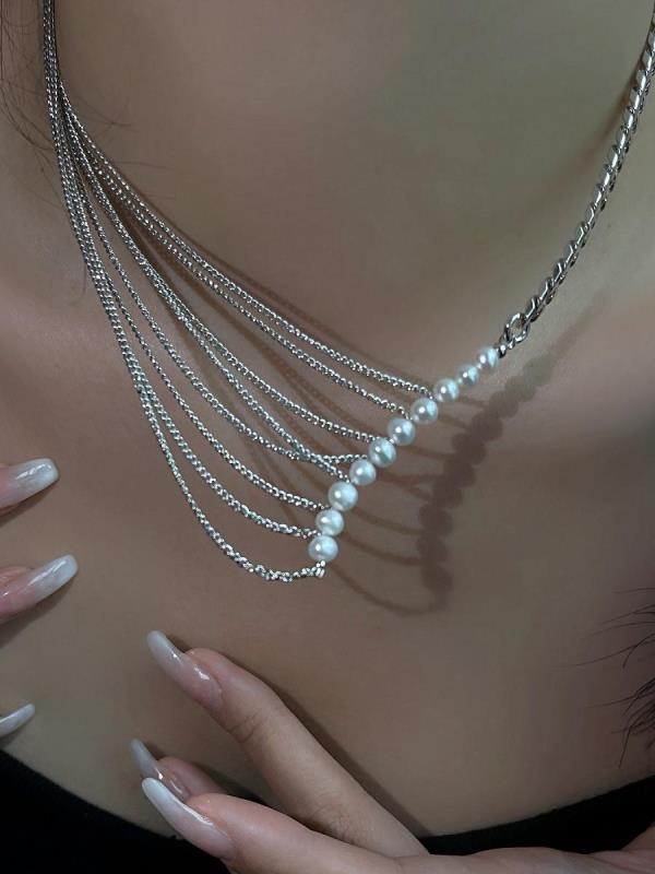 Multi Pearl Tassel Choker Necklace