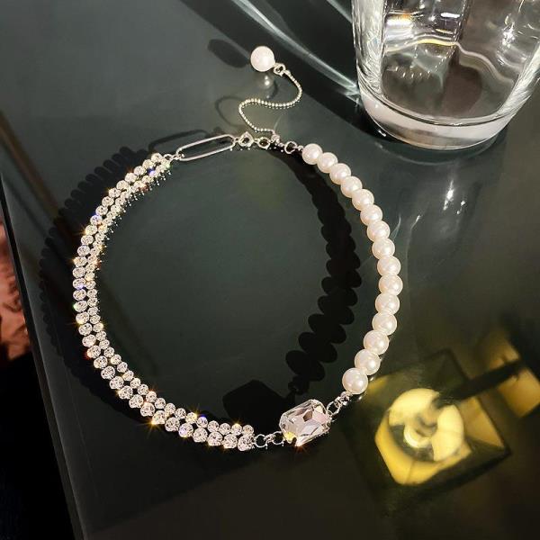 Pearl Rhinestone Silver Choker