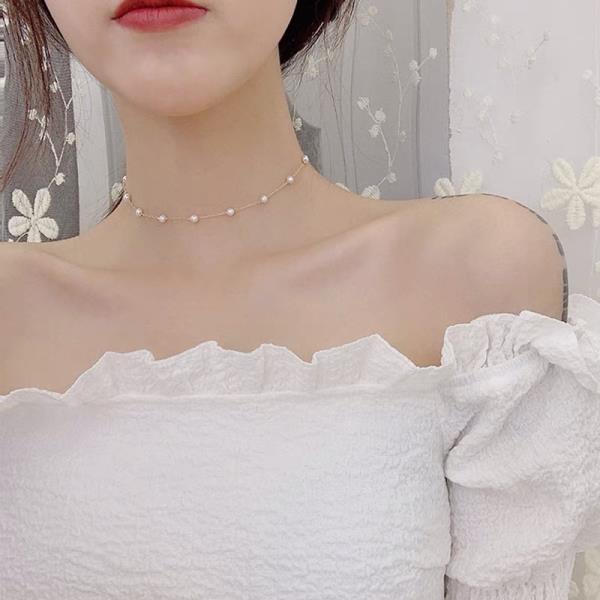 Mini White Pearl Gold Chain Choker