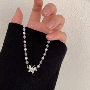 Silver Butterfly White Pearl Necklace