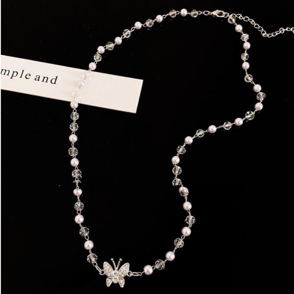 Silver Butterfly White Pearl Necklace