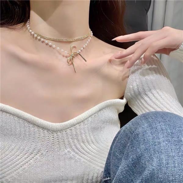 Pearl Metal Chains Double Layer Choker