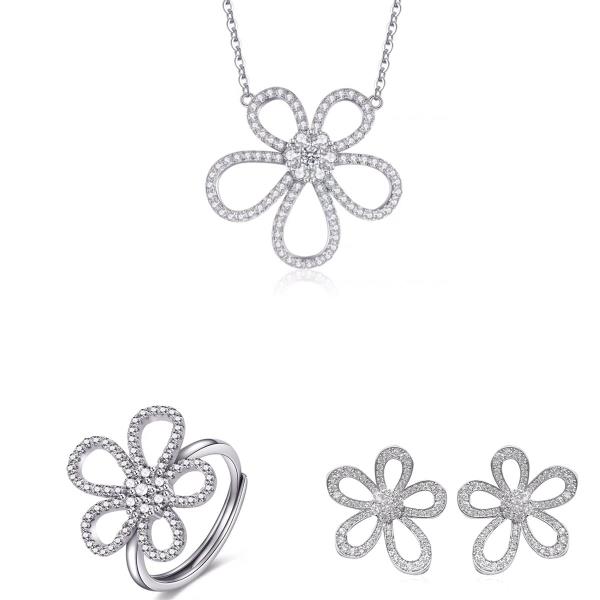 Silver Shiny Rhinestone Flower Jewellery Set