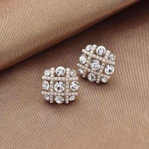 Elegant White Pearl Rhinestones Square Studs