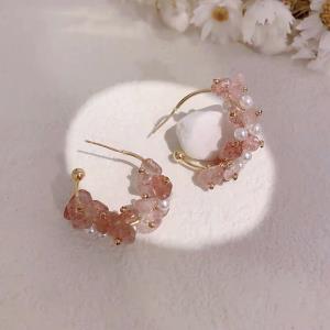 Pink Crystal Pearl Beads Dangle Earrings