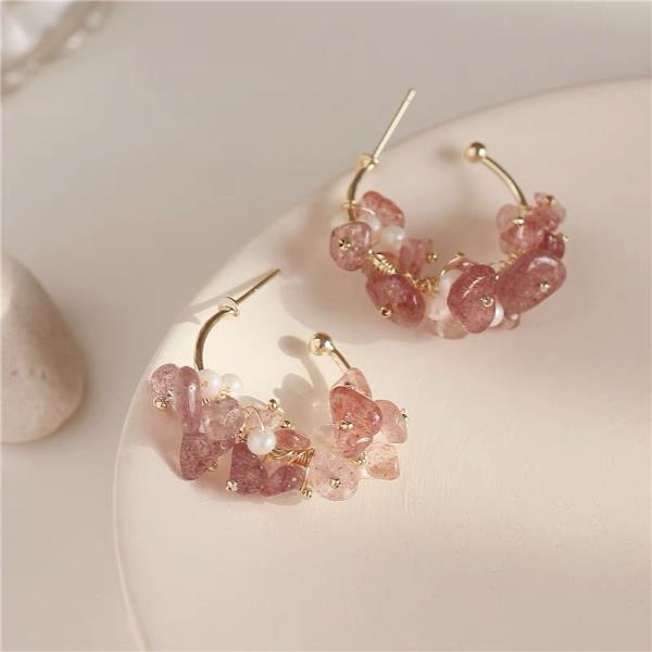 Pink Crystal Pearl Beads Dangle Earrings