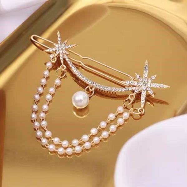 Rhinestone Star Pearl Chain Tassel Hair Pin