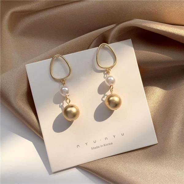 Gold Ball White Pearl Dangle Earrings