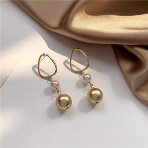 Gold Ball White Pearl Dangle Earrings