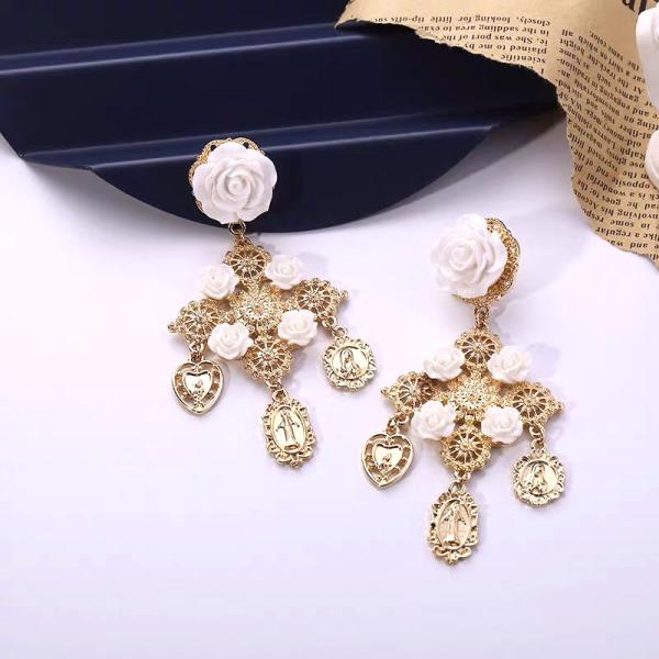 Baroque White Rose Flower Pendant Earrings