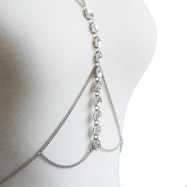 Silver Waterdrop Rhinestone Chest Body Chain