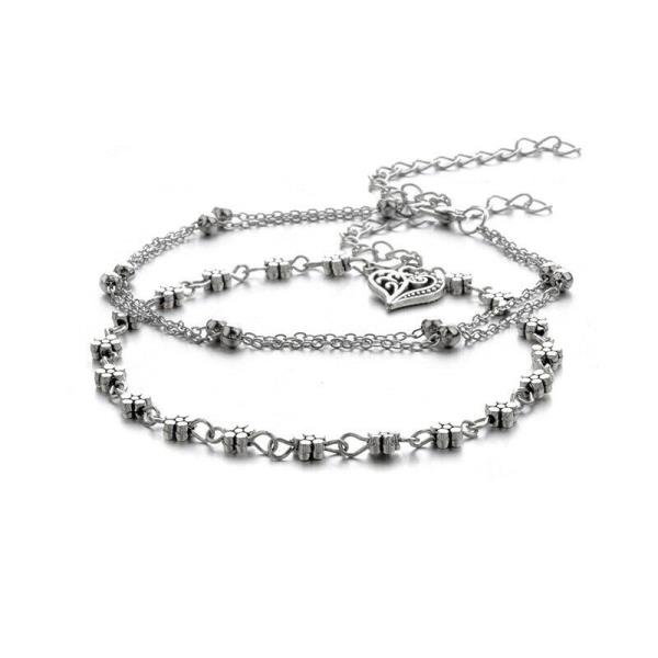 2 Pcs Silver Multi Layer Flower Beads Anklet Set