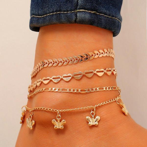 4 Pcs Gold Butterfly Leaf Multi Layer Anklet Set