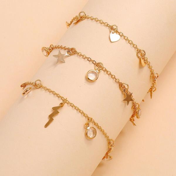 3 Pcs Gold Star Heart Waterdrop Anklet Set