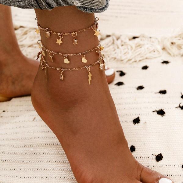 3 Pcs Gold Star Heart Waterdrop Anklet Set