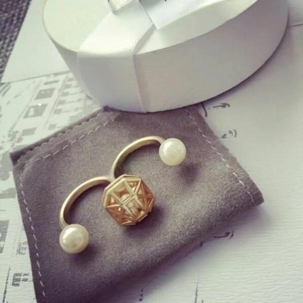 Double White Pearls Gold Cuff Ring Set