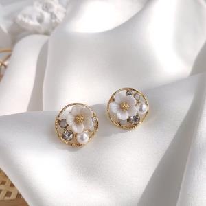 White Pearl Flower Circle Studs