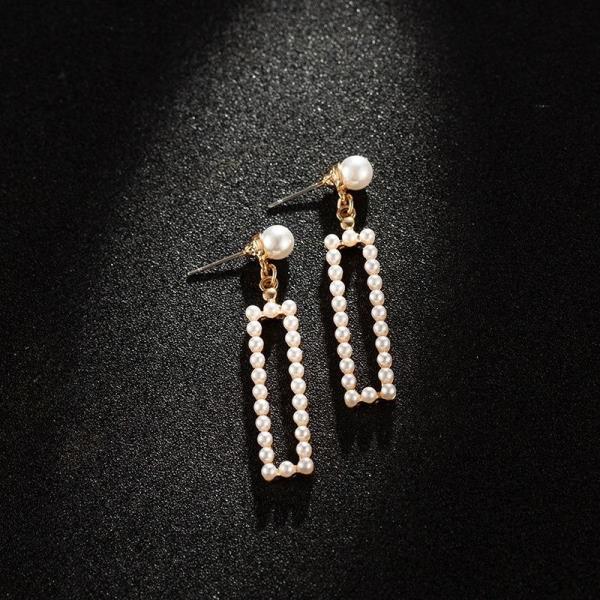 Full White Pearl Rectangle Long Pendant Earrings