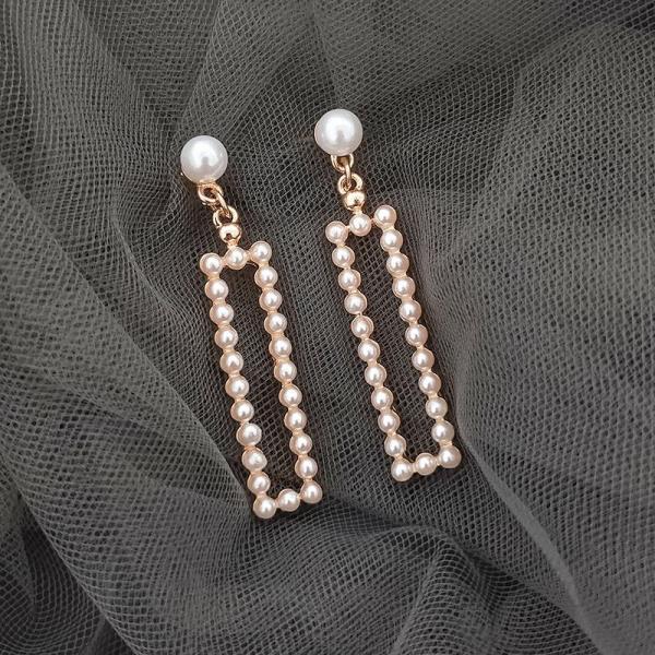 Full White Pearl Rectangle Long Pendant Earrings