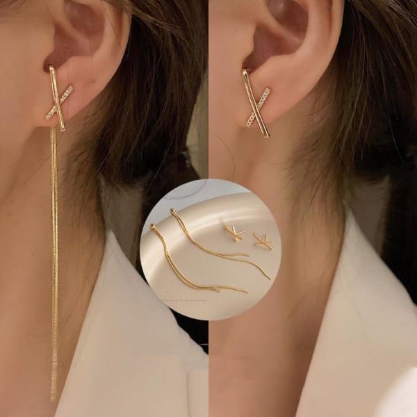 Simple Gold Cross Tassel Earrings