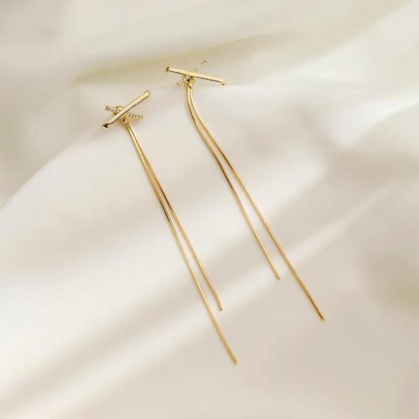 Simple Gold Cross Tassel Earrings