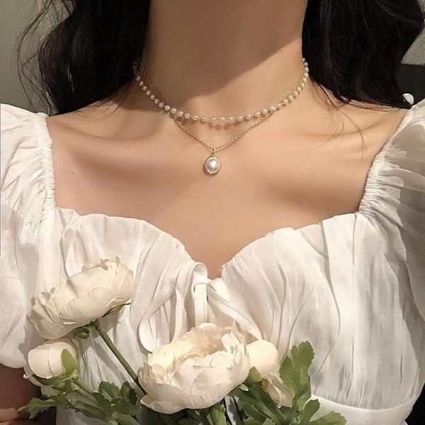 Double Layer White Pearl Chain Pendant Necklace