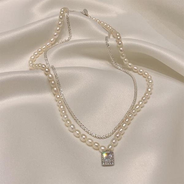 Baroque Real Pearl Double Layer Crystal Necklace