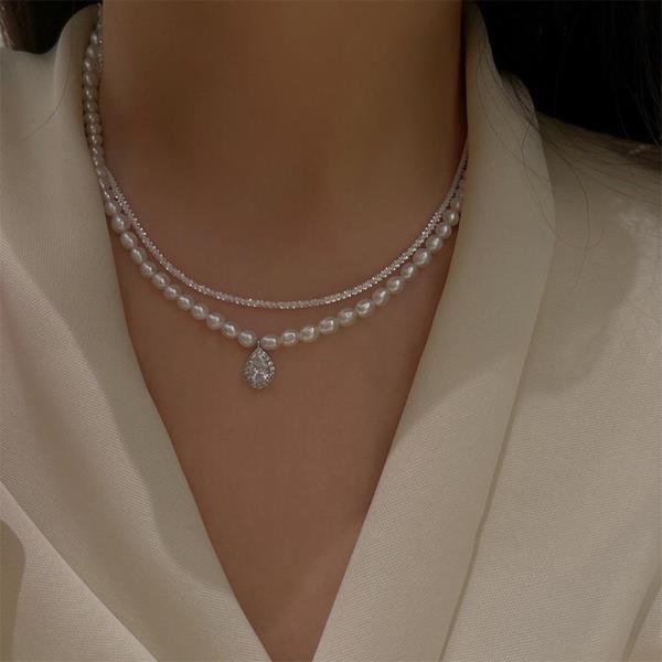 Baroque Real Pearl Double Layer Crystal Necklace