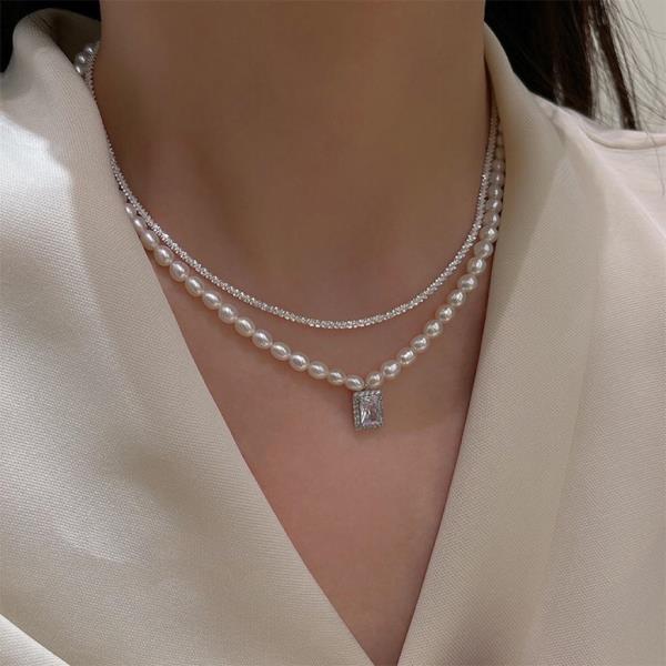 Baroque Real Pearl Double Layer Crystal Necklace