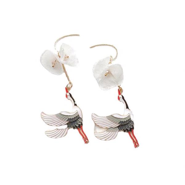 Enamel Crane Chiffon White Flower Pendant Earrings