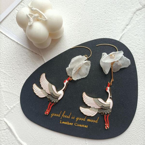 Enamel Crane Chiffon White Flower Pendant Earrings