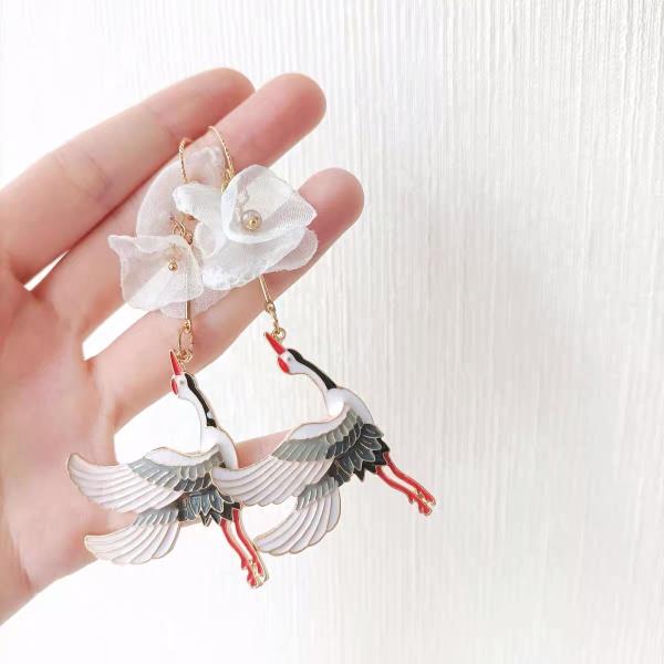 Enamel Crane Chiffon White Flower Pendant Earrings