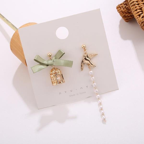 Gold Bird Cage Asymmetry Pearl Tassel Earrings