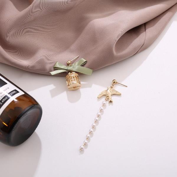 Gold Bird Cage Asymmetry Pearl Tassel Earrings